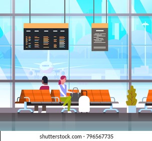 People Waiting For Takeoff In Airport Hall Or Departure Lounge Passangers Terminal Check In Interior Flat Vector Illustration