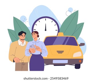 Personas esperando un taxi. El hombre y la mujer se paran cerca del reloj enorme y del coche amarillo. Pasajeros esperando el automóvil. Viajes, viajes y turismo. Ilustración vectorial plana aislada sobre fondo blanco