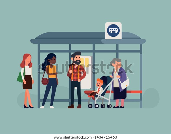 People waiting their bus at bus stop. City\
community transport vector concept illustration with diverse\
commuters standing\
together