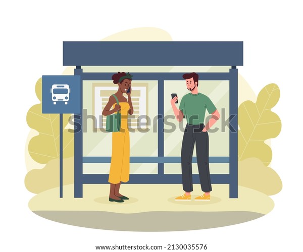 People waiting their bus at bus stop\
concept. Passengers waiting for city vehicle to get to home or\
work. Man and woman stand together. Transport stop station. Cartoon\
flat vector\
illustration