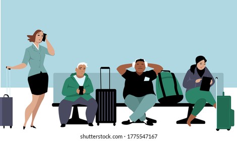 People waiting their flights in airport lounge, EPS 8 vector illustration