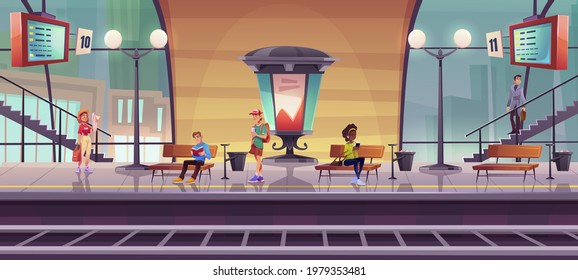 People waiting train on indoor railway station platform, passengers in modern subway with billboard, schedule monitors, street lamps and city view through wide windows, Cartoon vector illustration