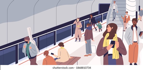 People waiting for train on metro platform. Passengers standing and sitting in modern subway station. Male and female characters using urban public transport. Daily city life. Flat vector illustration