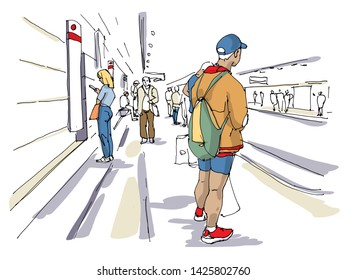 People waiting for a train on a platform sketch