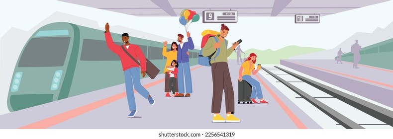 People Waiting Train on Railway Station. Male and Female Characters Meeting Friends, Waiting Boarding on Platform. Concept of Tourism, Commuter Public Transport. Cartoon Vector Illustration