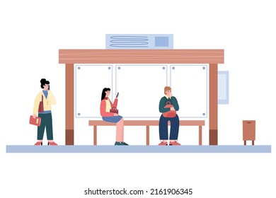 People waiting for transport on bus stop flat style, vector illustration isolated on white background. Standing woman talking on mobile phone, city community transport concept