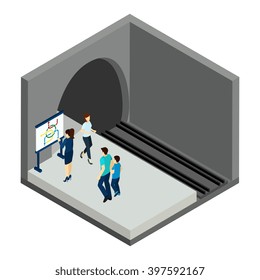 People waiting for underground  train with map and station isometric vector illustration 