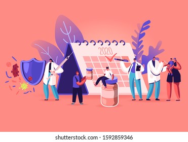 People Waiting for Vaccination Stand near Huge Calendar with 2020 Check Mark. Idea of Vaccine for Protection from Disease, Immunization. Doctor Put Injection to Kid. Cartoon Flat Vector Illustration