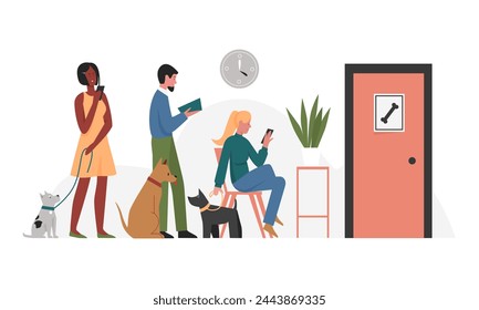 People waiting at the vet. Pet doctor clinic, animal checkup routine cartoon vector illustration