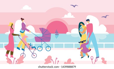 People Walk Along Promenade Cartoon Illustration. Happy Families Day. Two Flat Vector Mothers with Babies in Strollers Going Toward Young Married Couple with Newborn in Hand and Daughter