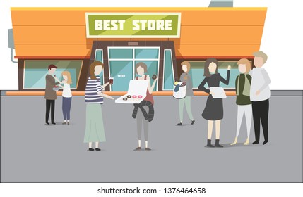 People walk around at shop front   and talking to each other. Family holiday . Flat cartoon characters isolated on white background. Vector illustration.
