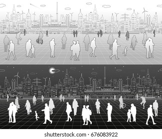 A lot of people walk around the square, against the background of a modern city, vector design art