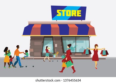 People walk around at store face   and talking to each other. Family holiday . Flat cartoon characters isolated on white background. Vector illustration.