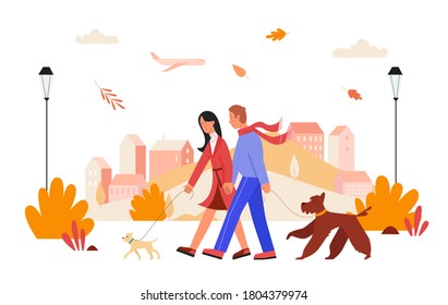 People walk in autumn city day vector illustration. Cartoon flat happy man woman lover couple characters holding hands, walking with pet dogs in autumn cityscape, love relationship isolated on white