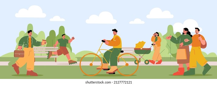 People walk with baby carriage, ride on bike and jogging in park. Vector flat illustration of summer landscape with man running, businessman in suit, couple with shop bag and man on bicycle