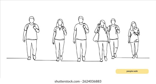 people walk by looking around continuous single line art drawing sketch on white background