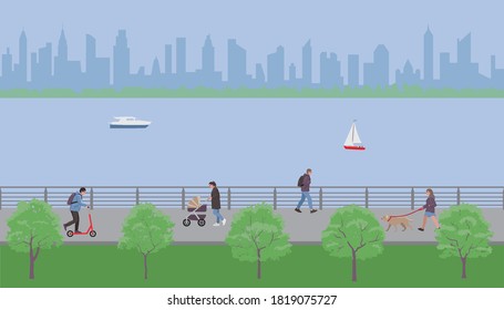 People walk in the city embankment park. Vector illustration.