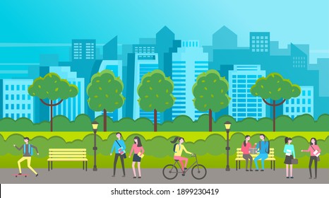 People walk in a city park. Characters going on the road, sitting on the bench girl riding a bicycle. People in open space, outdoor activities. People spend the weekend and free time walk in the alley