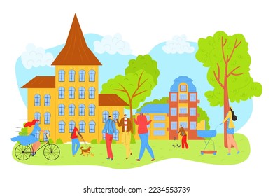 People walk in city park in summer, leisure and rest in nature with friends vector illustration. Mother with baby carrige, girl on bicycle.