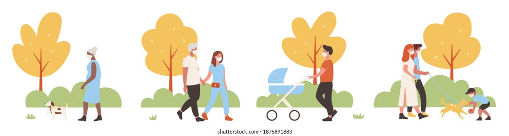 People Walk In City Park Vector Illustration Set. Cartoon Active Family Characters Walking Together, Playing With Dog Pet, Wearing Face Medical Protective Mask, Weekend Activity Isolated On White