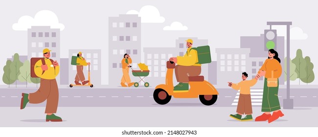 La gente camina por la calle de la ciudad, los personajes recorren la carretera en medio del paisaje urbano. Madre con bebé en coche de bebé y bebé, mensajeros de parto montando moto y bicicleta, ilustración del vector de arte de línea