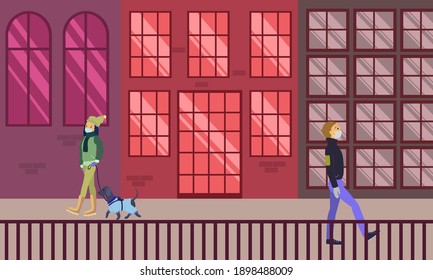 People walk the city streets in winter wearing medical masks keeping the distance, walking with the dog, vector illustration