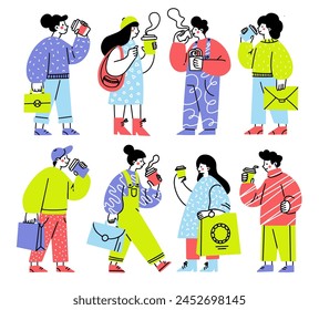 People walk and coffe drink set. Busy employees characters drinking coffee. Young men and women rush to work.Busy people are late concept. Cartoon flat vector collection isolated on white background
