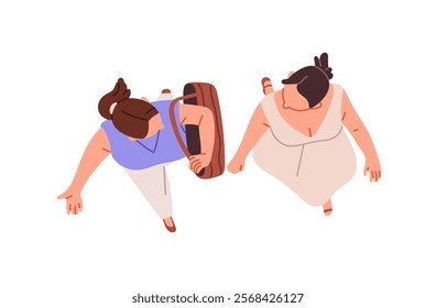 People walk, communicate on the go top view. Two happy women strolling together above head. Girl carries tote bag, talks to friend outdoors. Flat isolated vector illustration on white background