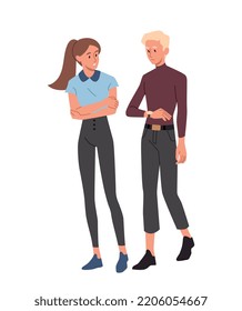 People walk concept. Man and woman in hurry somewhere, characters looking at their watches. Deadline and time management, wrong schedule, responsible couple. Cartoon flat vector illustration