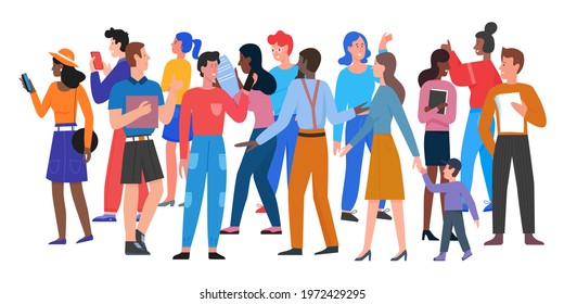 People walk in crowd vector illustration. Cartoon different ages and multiethnic diverse crowd group of man and woman characters in casual clothes walking, holding smartphone isolated on white