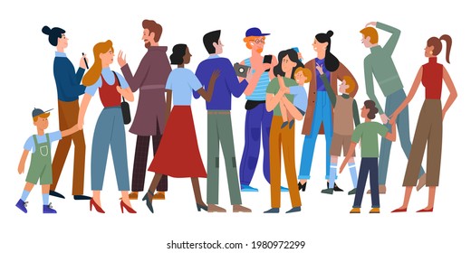 People walk in crowd vector illustration. Cartoon different ages and multiethnic diverse crowd group of man and woman characters in casual clothes walking, holding smartphone isolated on white