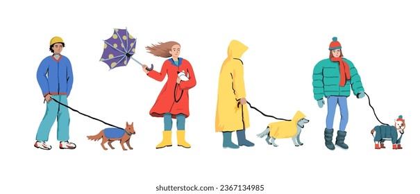 People walk dogs in bad weather. A walk with a dog in the fall and winter in the rain on a cold day. A set of isolated characters. Vector illustration