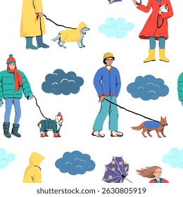 People walk dogs in bad weather. A walk with a dog in the fall and winter in the rain on a cold day. Vector seamless pattern.