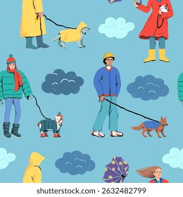 People walk dogs in bad weather. A walk with a dog in the fall and winter in the rain on a cold day. Vector seamless pattern.