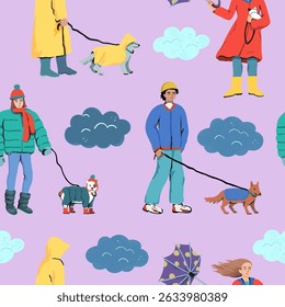 People walk dogs in bad weather. A walk with a dog in the fall and winter in the rain on a cold day. Vector seamless pattern.