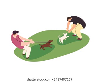 People walk dogs. Fluffy puppy pulls leash, leads owner to meeting with another pup. Pet sitters stroll doggies in park. Person talk to cute domestic animal. Flat isolated vector illustration on white