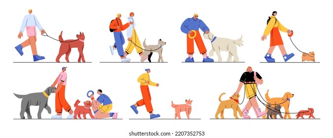 People walk with dogs, male and female owners characters walking, playing and spending time with pets isolated set. Leisure, communication, love, care of animals, Line art flat vector illustration