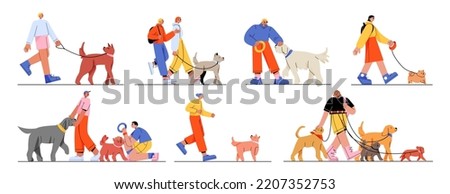 People walk with dogs, male and female owners characters walking, playing and spending time with pets isolated set. Leisure, communication, love, care of animals, Line art flat vector illustration