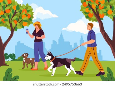 People walk with dogs. Man and woman walking their pets in park in sunny day. Chores and routine. Couple with domestic animals. Owners with puppies. Flat vector illustration