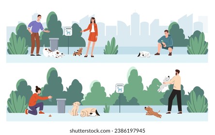 People walk with dogs set. Happy owners with pets at street. Men and women with puppies at city park. Routine and household chores. Cartoon flat vector collection isolated on white background