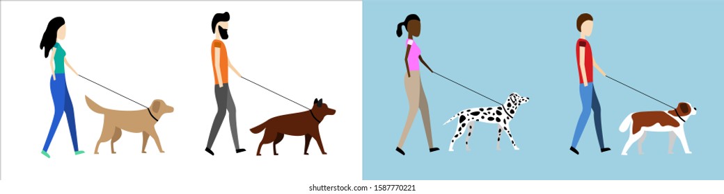 People walk with dogs of various breeds Labrador, German Shepherd, Dalmatian, St. Bernard. Set of isolated cartoon illustration.