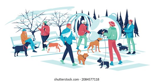 People walk with dogs in the winter city. Flat vector illustration of a snowy decorated city for New Year and Christmas.