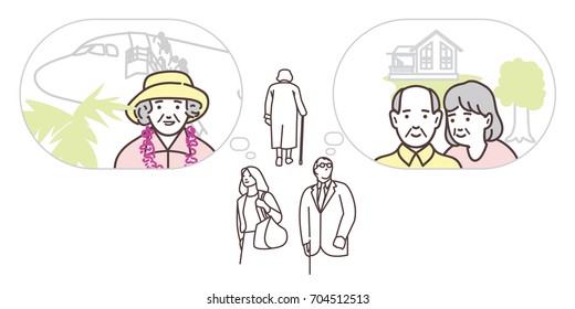 People walk down the street and represent their old age.