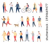 People walk. Flat characters walking with dog outdoor, riding bicycle and hoverboard and running. Men and women crowd on street vector set