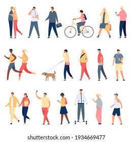 People walk. Flat characters walking with dog outdoor, riding bicycle and hoverboard and running. Men and women crowd on street vector set