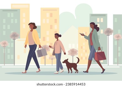 People walk. Flat characters walking. a mom and daughter with dog are walking down the street,woman looking at the phone goes about her business  Color cartoon characters, minimalistic design.