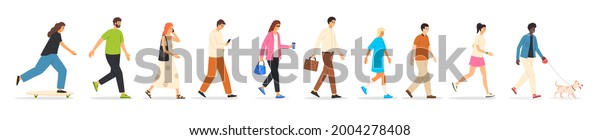 People walk and go about business. Men, women and\
adolescents walk, a girl rides a skateboard, a guy walks a dog, a\
man looks at his phone, a woman runs. Vector illustration isolated\
in flat style