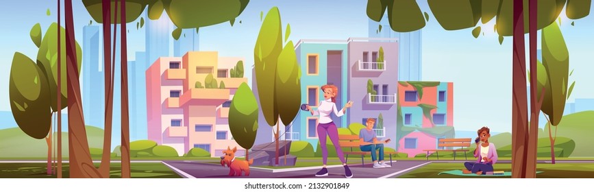 People walk in green city park, relaxed men and women spend time with pets, use gadgets, sitting on lawn with books under green trees at modern district with eco houses, Cartoon vector illustration