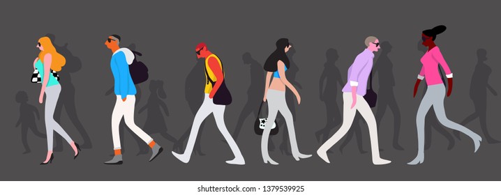 People walk in groups on the road. A variety of races, both men and women and children, characters in a cartoon-vector graphics