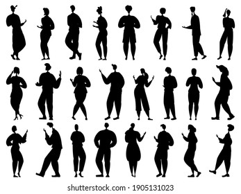 People walk, laugh, get angry, shout, talk. Men and women in different poses. Set vector in silhouette style isolated on white.